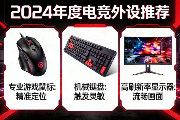 电竞外设装备推荐图，展示专业游戏鼠标键盘显示器设备