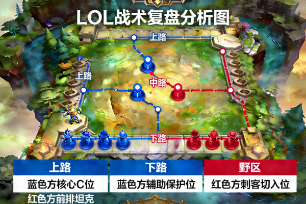 LOL战术复盘分析图，展示比赛地图路线和团战站位